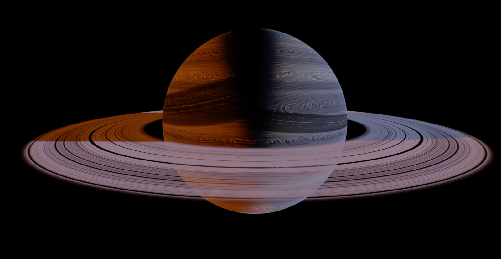 Gas giant illuminated by two stars, with independent lighting and shadows from each star